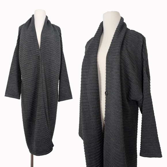 Luukaa Anthracite Wool Duster Long Cardigan Wide Sleeve Maxi Button Closure - Picture 1 of 12